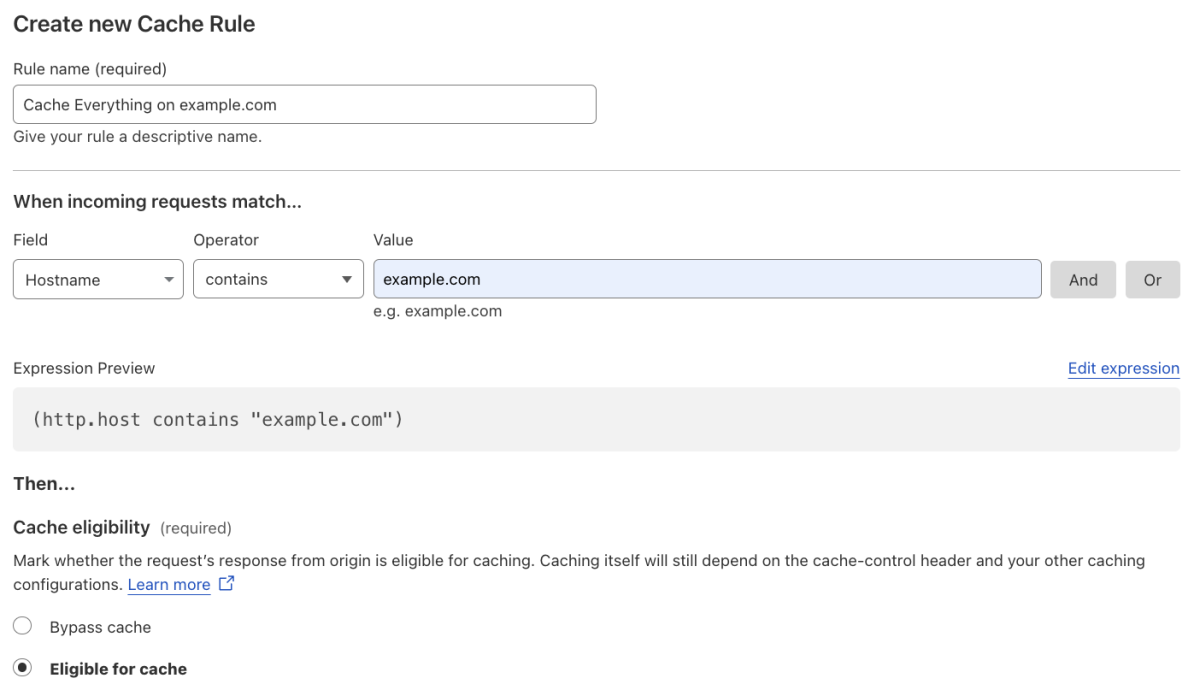 Cache rule matching the &lsquo;Cache Level: Cache Everything&rsquo; setting of the example Page Rule