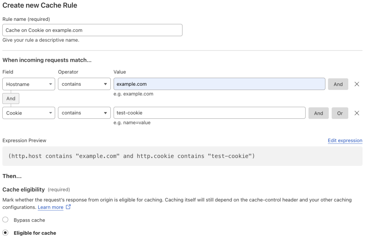 Cache rule matching the &lsquo;Cache on Cookie&rsquo; setting of the example Page Rule